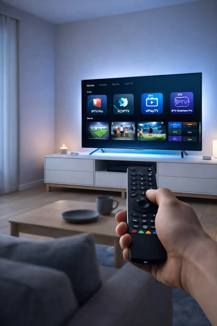 Tv met IPTV-app en afstandsbediening in de woonkamer